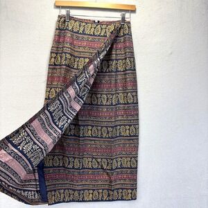 Vintage 100% Silk Faux Wrap Midi Skirt Womens 6 Dark Floral Traditional Boho